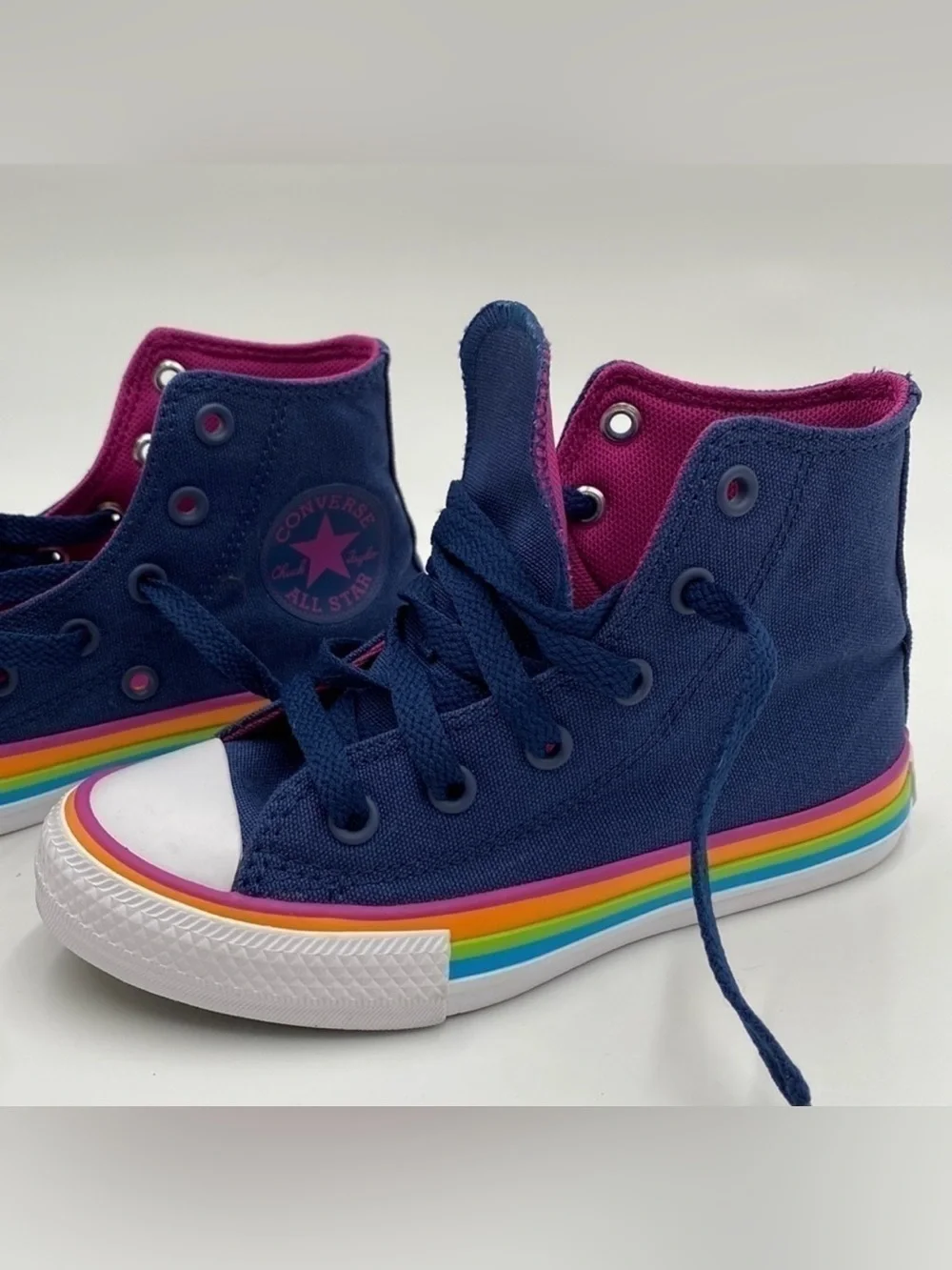 Converse Kids Navy Blue Canvas High Tops with Rainbow Trim Size 11 Toddler